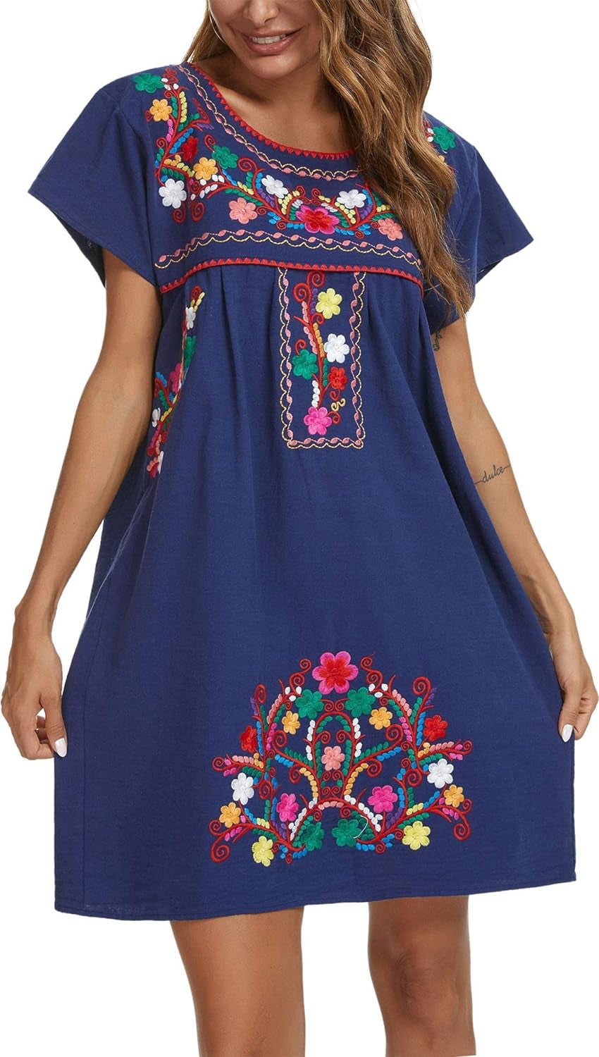 Women Mexican Embroidered Dress Short Sleeve