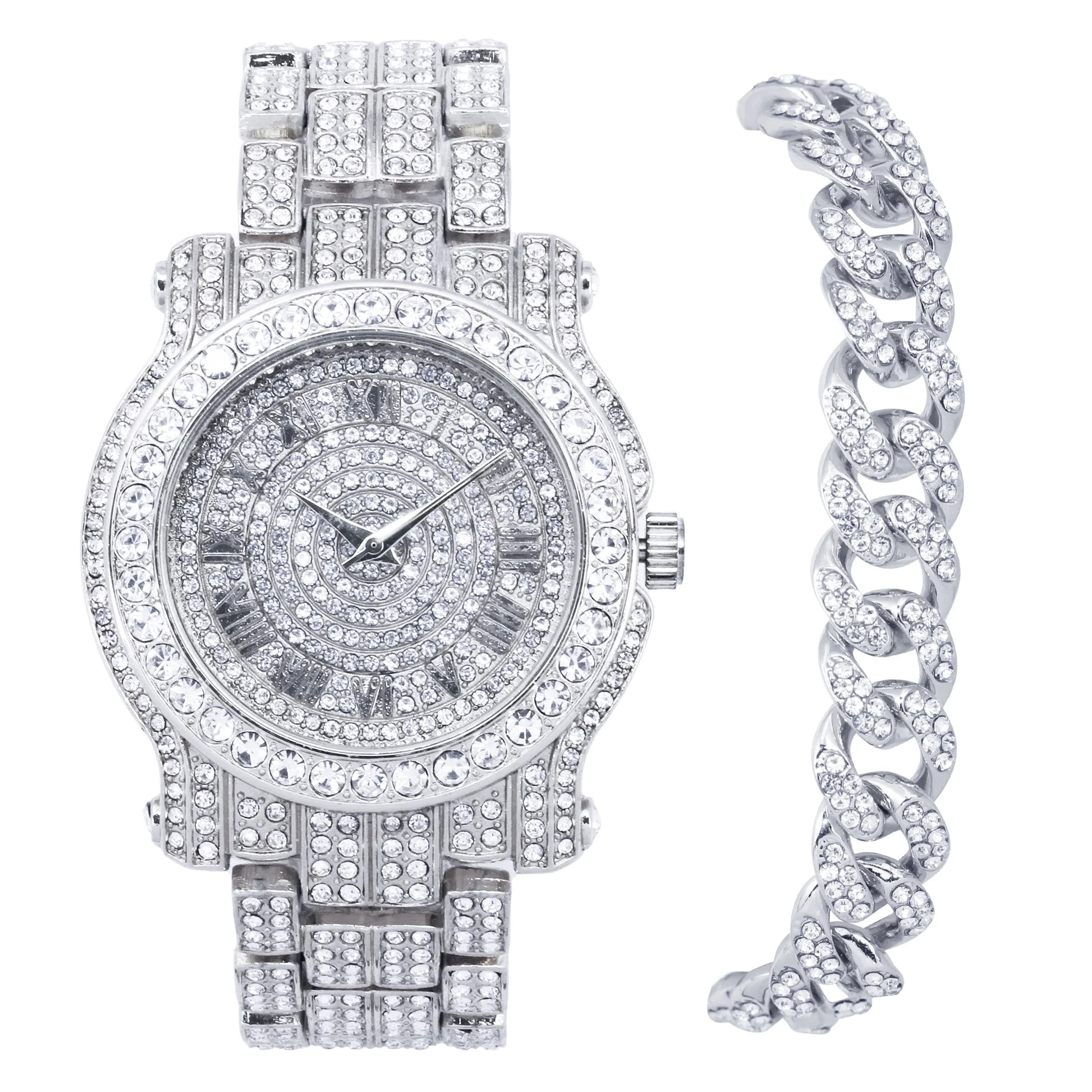 Men'S Iced Diamond Watch with Roman Dial and Bling-Ed Out Adjustable Metal Strap - Quartz Movement - Silver Watch and Bracelet Set