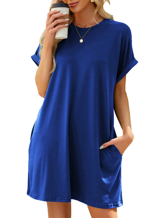 T Shirt Dresses for Women Summer Casual Sundress Loose Swing Blouse Tunic Crew Neck Short Sleeve Tops Pocket Basic Dress Dressy Womens Clothes Solid Color Blue Size XL