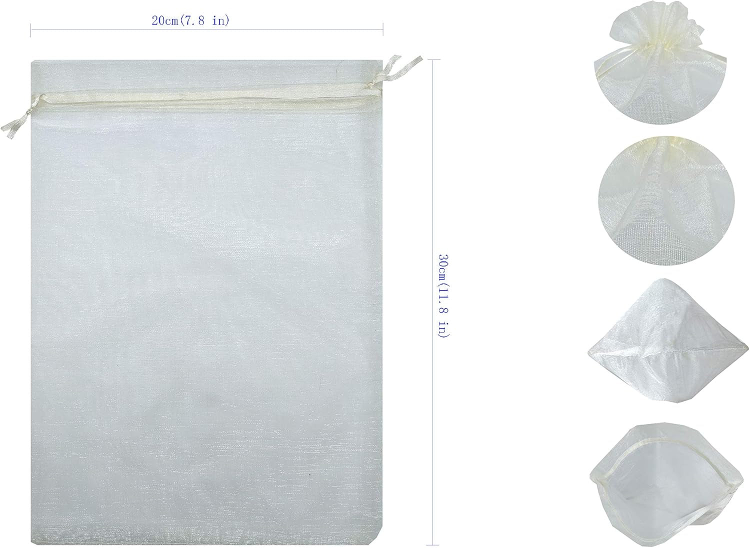 100Pcs Sheer Organza Favor Bags 8 X 12 Large Organza Drawstring Bags (Cream)