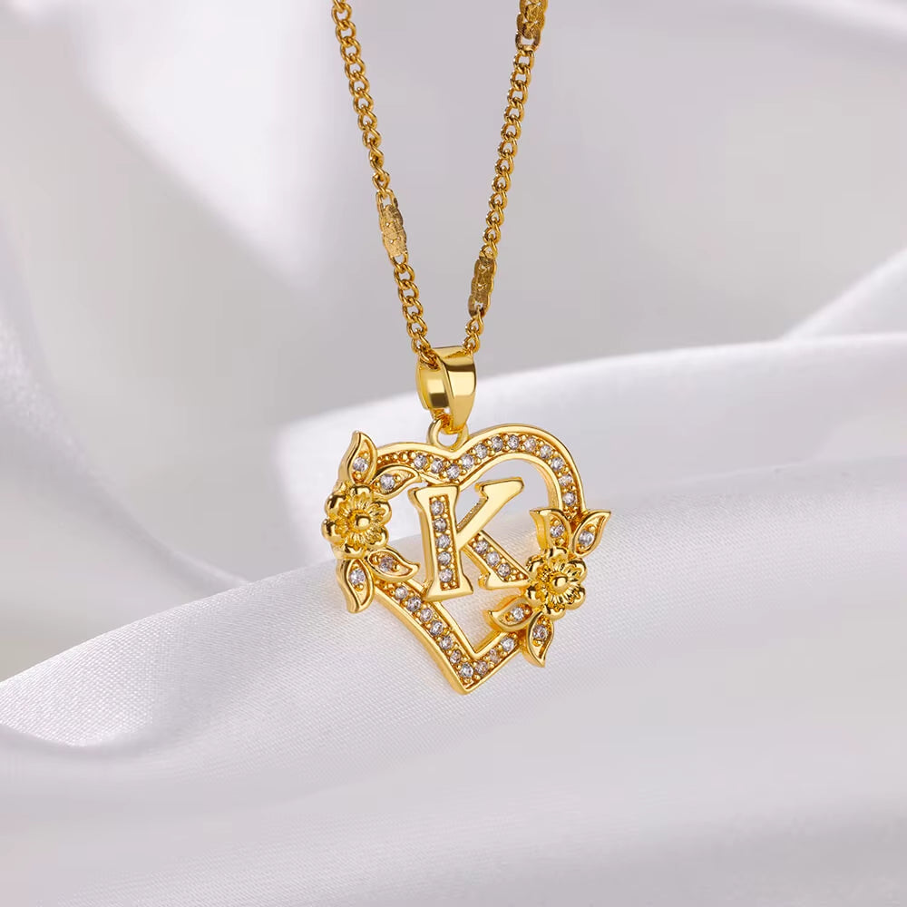 Flower Zircon Initial Heart Pendant Necklaces for Women 2024 Trend Stainless Steel Letter Necklaces Jewelry Best Friend Gifts