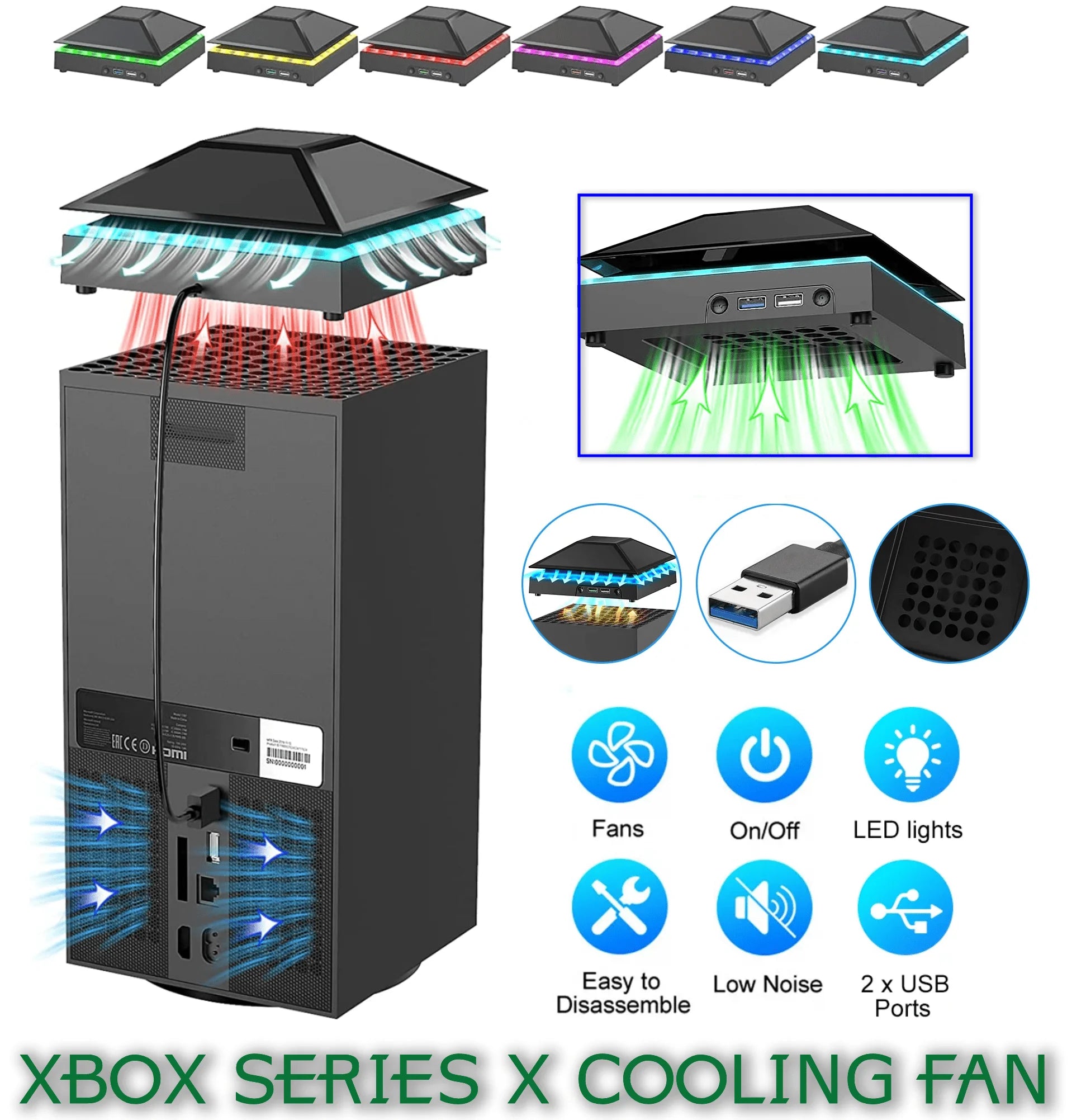 Cooling Fan for Xbox Series X, 2-USB Interfaces 3-Levels of Adjustable Speed with RGB LED Lights, Dust Cover Low Noise Fan Xbox Accessories