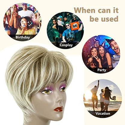 Pixie Cut Wigs Short Stylish Fluffy Layer Wig None Lace Replacement Wig with Bangs for Women Brown Mix Blonde Wig Short