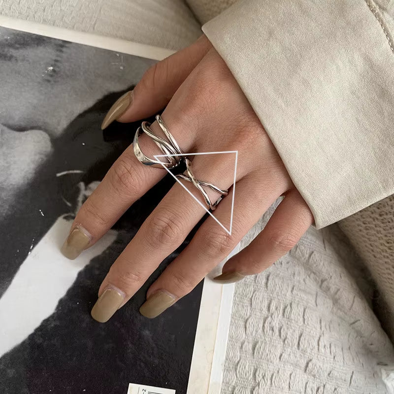 925 Sterling Silver Irregular Water Droplets Cross Ring Female Simple Retro Style Handmade Jewelry