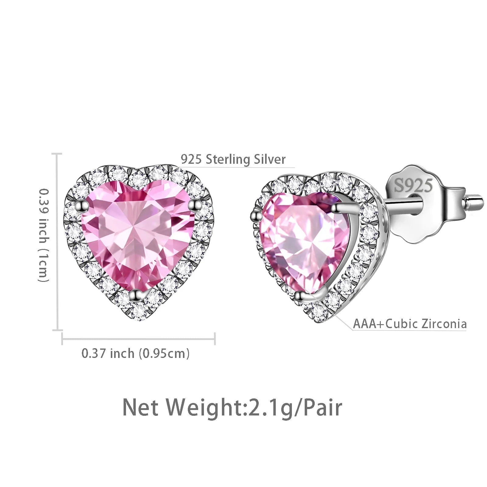 Pink Heart Earrings Women October Birthstone Earrings Tourmaline CZ 925 Sterling Silver Stud Earrings Crystal Jewelry Birthday Mother'S Day Gifts