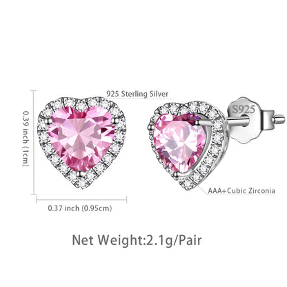 Pink Heart Earrings Women October Birthstone Earrings Tourmaline CZ 925 Sterling Silver Stud Earrings Crystal Jewelry Birthday Mother'S Day Gifts