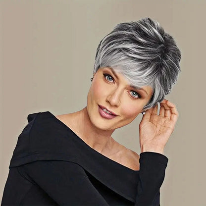 Grey Short Wigs for Black Women Layered Short Pixie Cut Wigs with Bangs Synthetic Grey Wigs Wefted Wig Cap