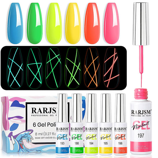 Gel Nail Art Polish, Glow in the Dark Gel Liner Art Set Luminous Painting Gel for Nail Art Fluorescent Bright Colors Hot Pink Neon Yellow Green Blue Orange Nail Art Kit for Christmas