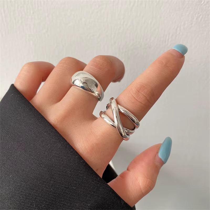 925 Sterling Silver Irregular Water Droplets Cross Ring Female Simple Retro Style Handmade Jewelry