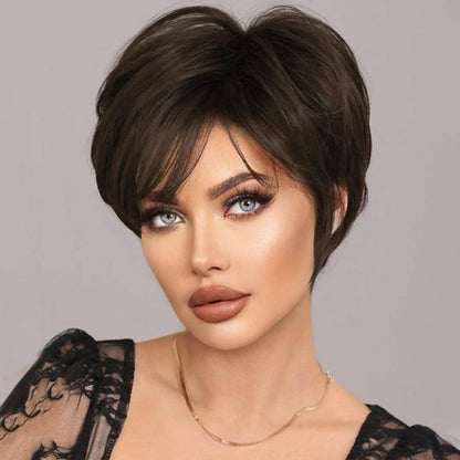 Pixie Cut Wigs Short Stylish Fluffy Layer Wig None Lace Replacement Wig with Bangs for Women Brown Mix Blonde Wig Short