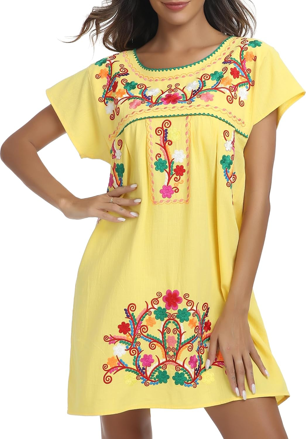 Women Mexican Embroidered Dress Short Sleeve