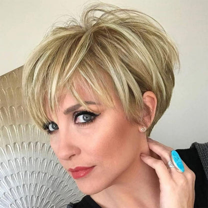 Pixie Cut Wigs Short Stylish Fluffy Layer Wig None Lace Replacement Wig with Bangs for Women Brown Mix Blonde Wig Short