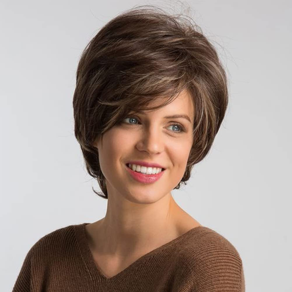 Pixie Cut Wigs Short Stylish Fluffy Layer Wig None Lace Replacement Wig with Bangs for Women Brown Mix Blonde Wig Short