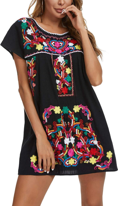 Women Mexican Embroidered Dress Short Sleeve