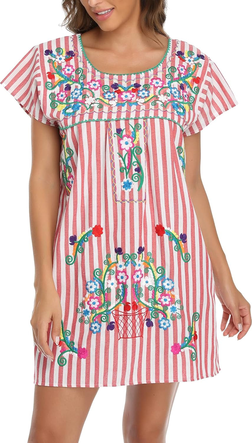 Women Mexican Embroidered Dress Short Sleeve