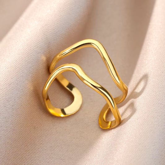 Irregular Hollow Opening Rings for Women Stainless Steel Gold Color Geometric Ring Party Christmas Jewelry Gift Free Shipping