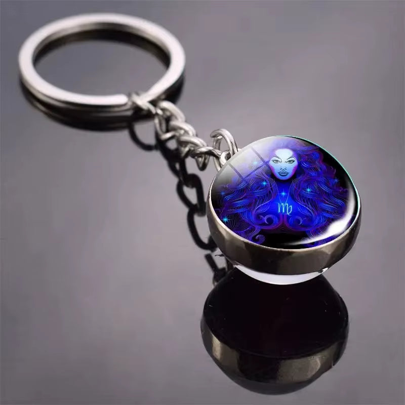 12 Constellation Key Chain Luminous Double Sided Glass Ball Pendant 12 Zodiac Key Chain Fashion Birthday Gift for Men and Women