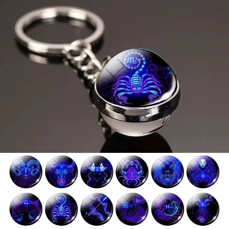 12 Constellation Key Chain Luminous Double Sided Glass Ball Pendant 12 Zodiac Key Chain Fashion Birthday Gift for Men and Women