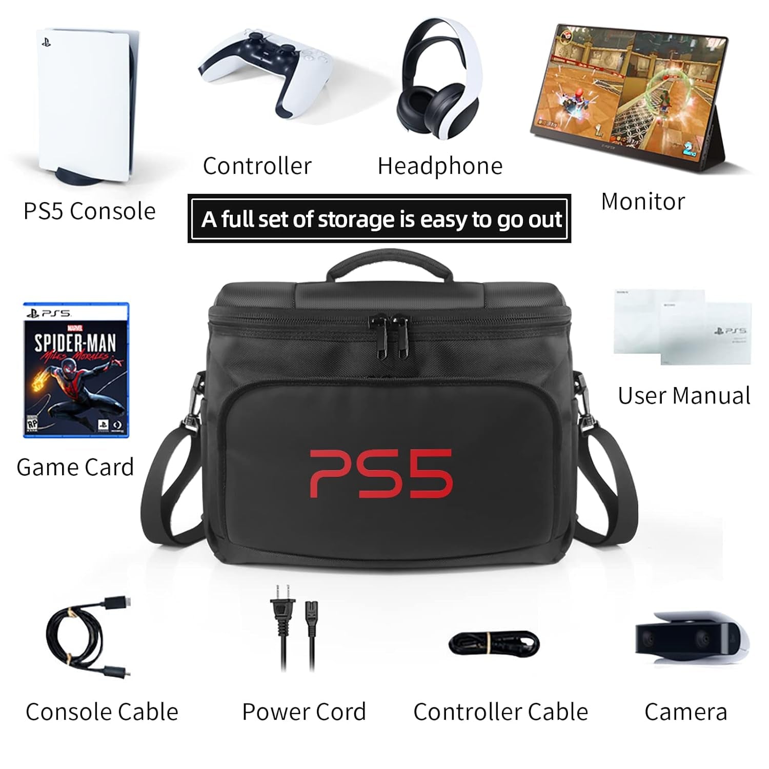 Ps5 Bag Ps5 Carrying Case Storage Case Bag for Play-Station 5 Slim Controller Console Ps5 Slim Travel Carrying Bag Travel Case for Game Disc Gaming Mice USB Cable Charger & Accessories