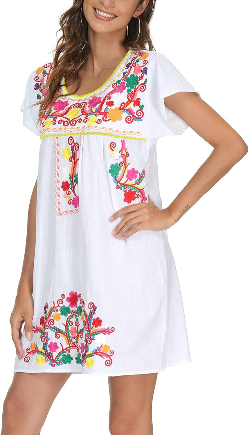 Women Mexican Embroidered Dress Short Sleeve