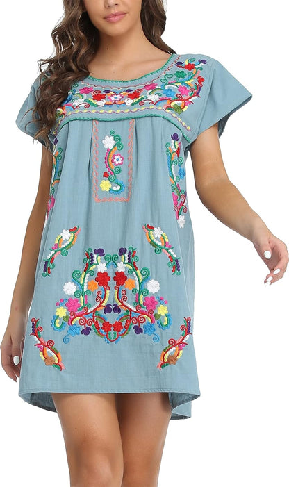 Women Mexican Embroidered Dress Short Sleeve