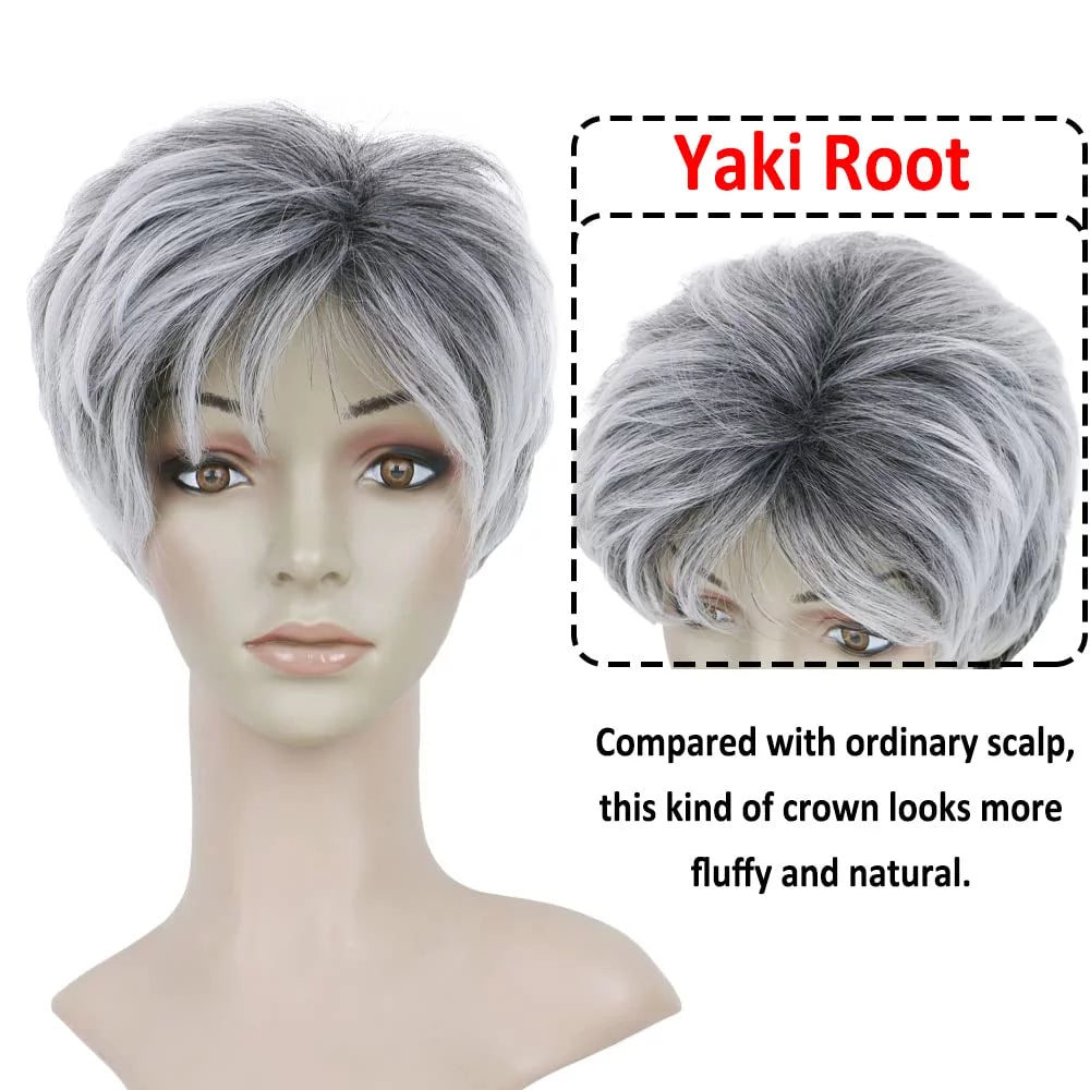 Grey Short Wigs for Black Women Layered Short Pixie Cut Wigs with Bangs Synthetic Grey Wigs Wefted Wig Cap