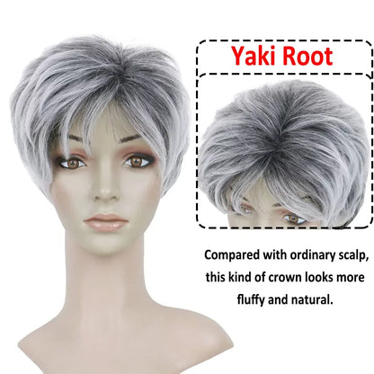 Grey Short Wigs for Black Women Layered Short Pixie Cut Wigs with Bangs Synthetic Grey Wigs Wefted Wig Cap