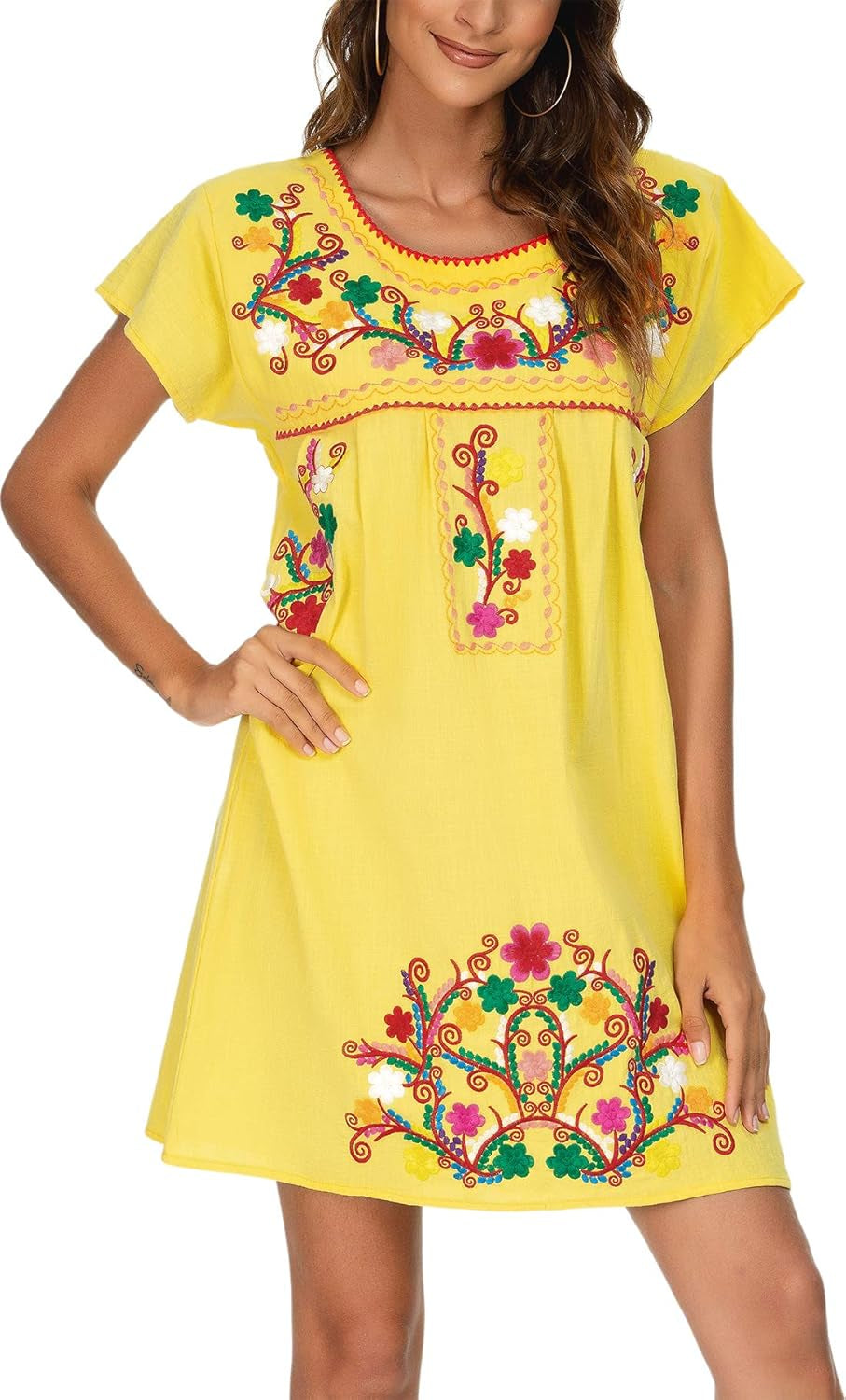 Women Mexican Embroidered Dress Short Sleeve