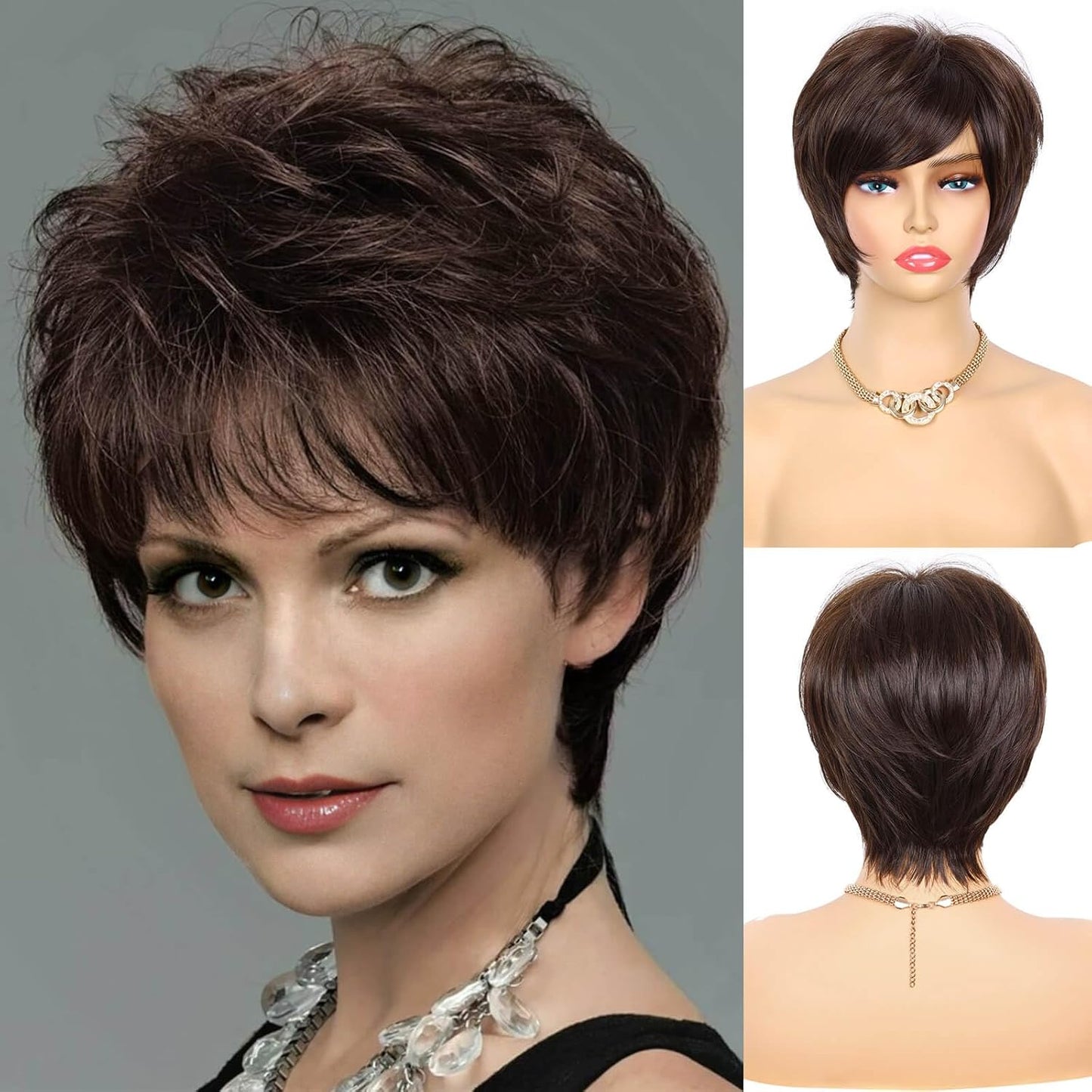 Pixie Cut Wigs Short Stylish Fluffy Layer Wig None Lace Replacement Wig with Bangs for Women Brown Mix Blonde Wig Short