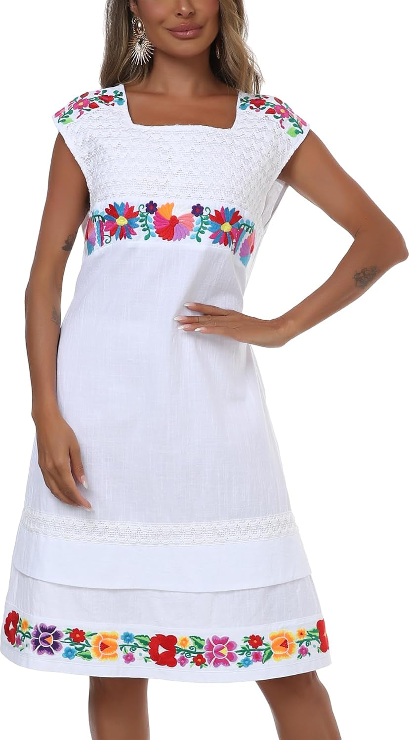 Women Mexican Embroidered Dress Short Sleeve