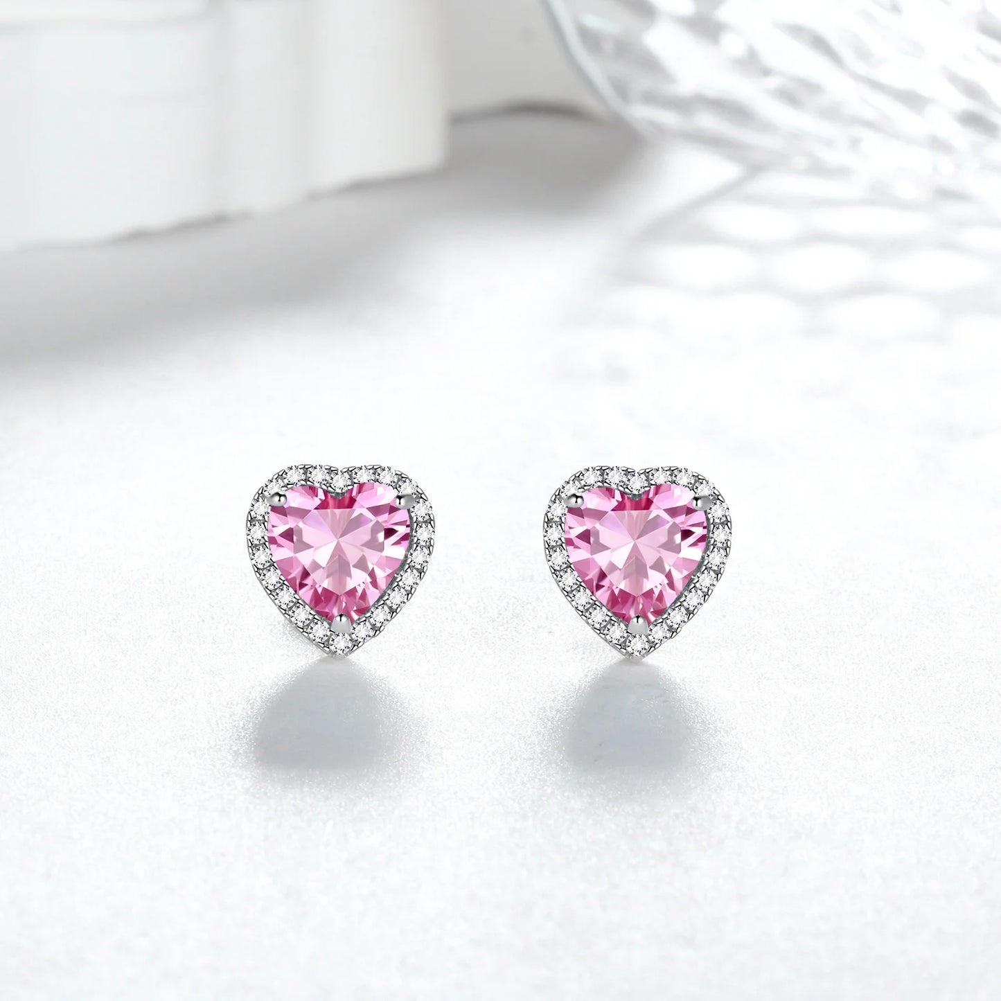 Pink Heart Earrings Women October Birthstone Earrings Tourmaline CZ 925 Sterling Silver Stud Earrings Crystal Jewelry Birthday Mother'S Day Gifts