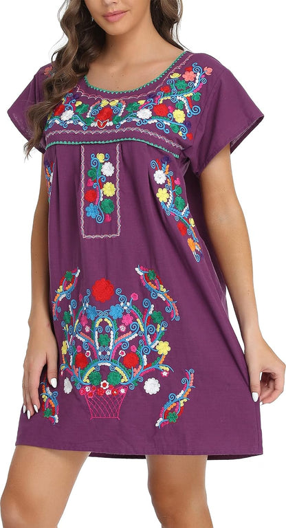 Women Mexican Embroidered Dress Short Sleeve