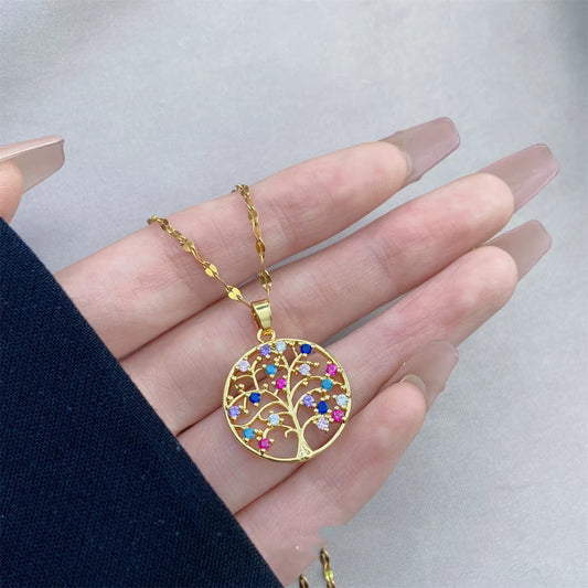 Temperamental Luxury Rhinestone Tree of Life Pendant Necklace Women Vintage Stainless Steel Waterproof Chain Aesthetic Jewelry