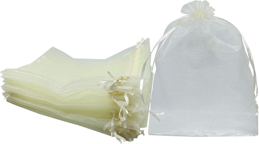 100Pcs Sheer Organza Favor Bags 8 X 12 Large Organza Drawstring Bags (Cream)