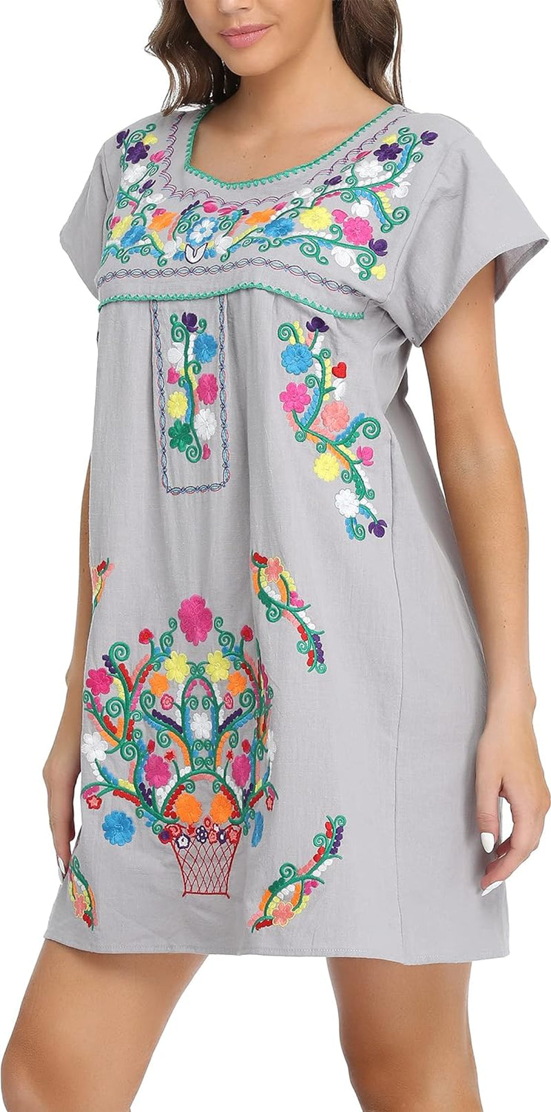 Women Mexican Embroidered Dress Short Sleeve