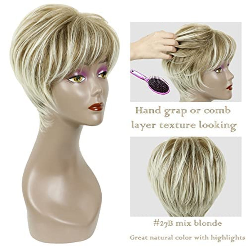 Pixie Cut Wigs Short Stylish Fluffy Layer Wig None Lace Replacement Wig with Bangs for Women Brown Mix Blonde Wig Short