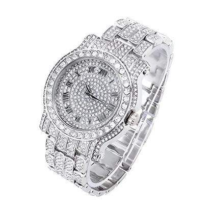 Men'S Iced Diamond Watch with Roman Dial and Bling-Ed Out Adjustable Metal Strap - Quartz Movement - Silver Watch and Bracelet Set