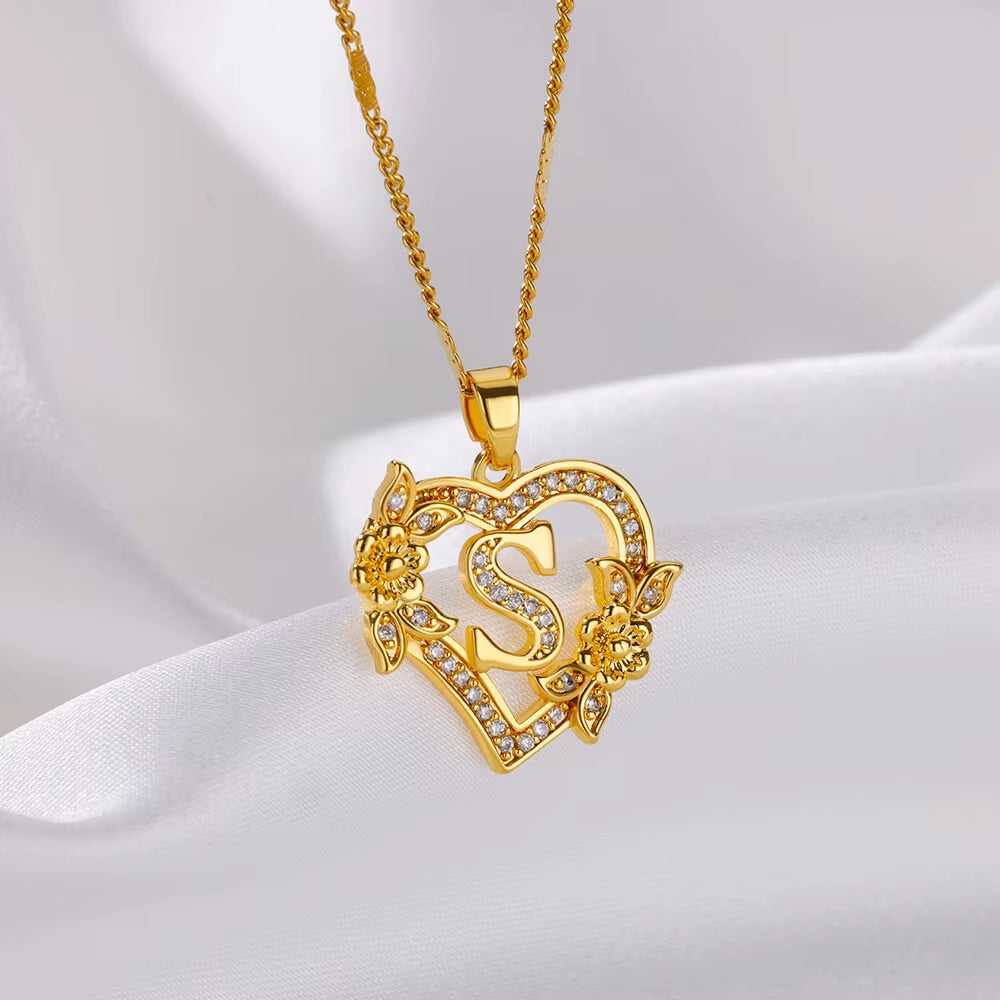 Flower Zircon Initial Heart Pendant Necklaces for Women 2024 Trend Stainless Steel Letter Necklaces Jewelry Best Friend Gifts