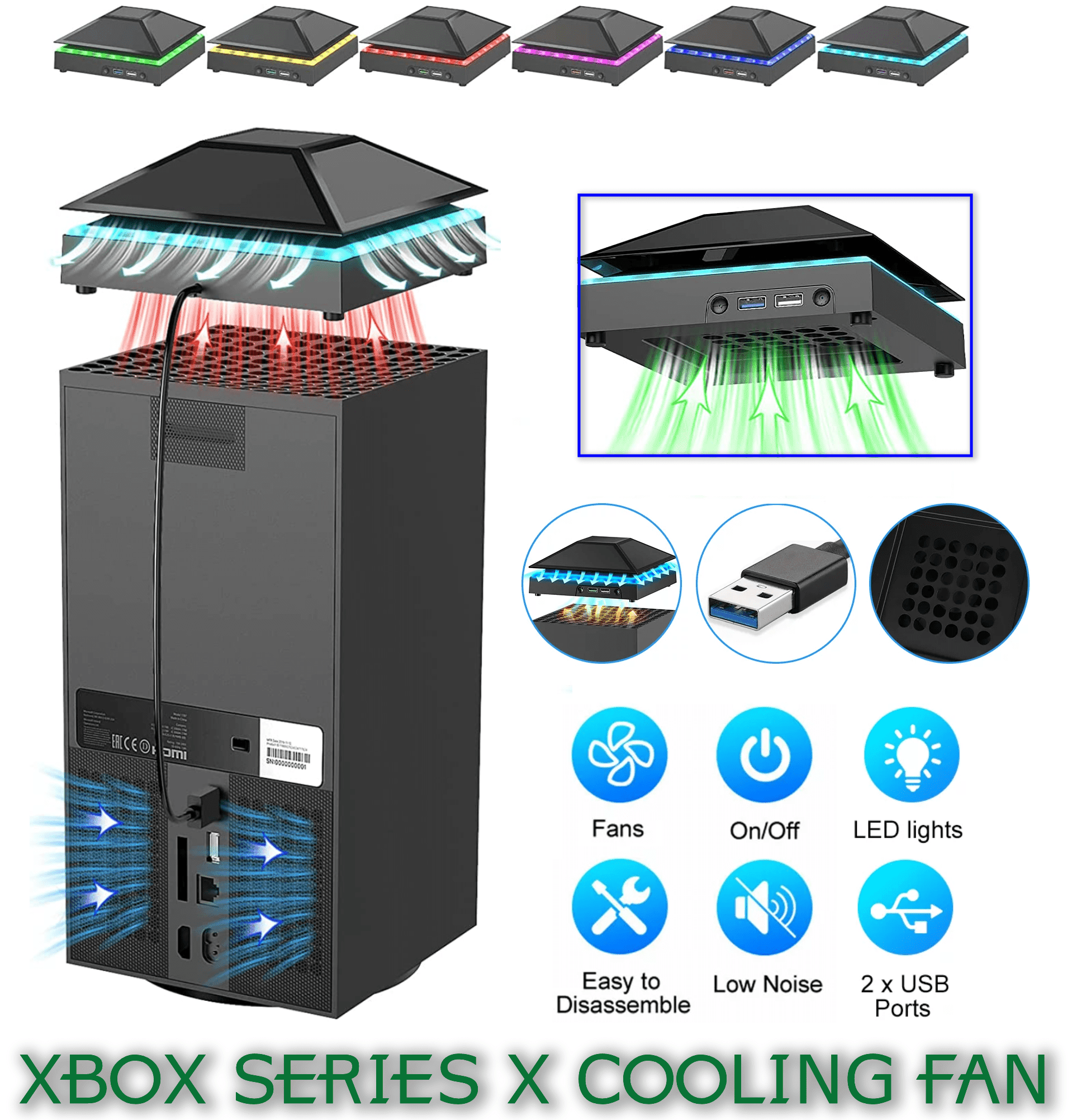 Cooling Fan for Xbox Series X, 2-USB Interfaces 3-Levels of Adjustable Speed with RGB LED Lights, Dust Cover Low Noise Fan Xbox Accessories