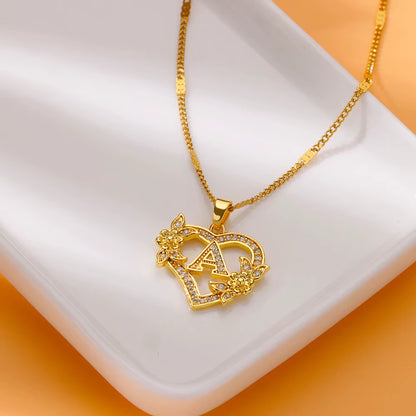 Flower Zircon Initial Heart Pendant Necklaces for Women 2024 Trend Stainless Steel Letter Necklaces Jewelry Best Friend Gifts