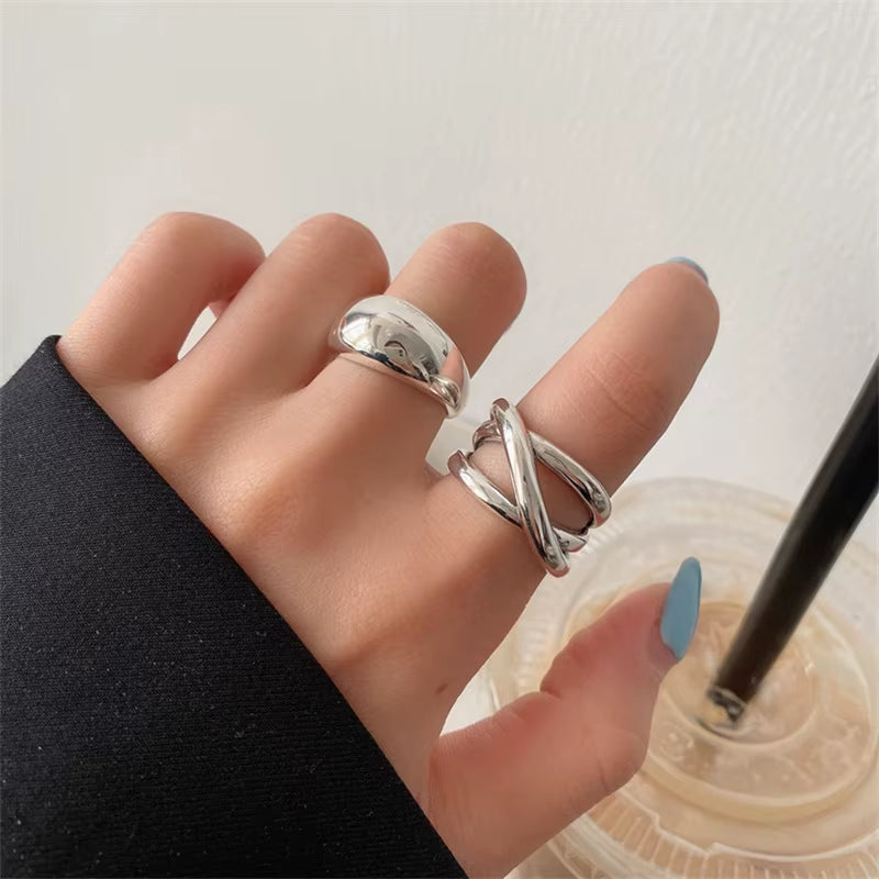 925 Sterling Silver Irregular Water Droplets Cross Ring Female Simple Retro Style Handmade Jewelry