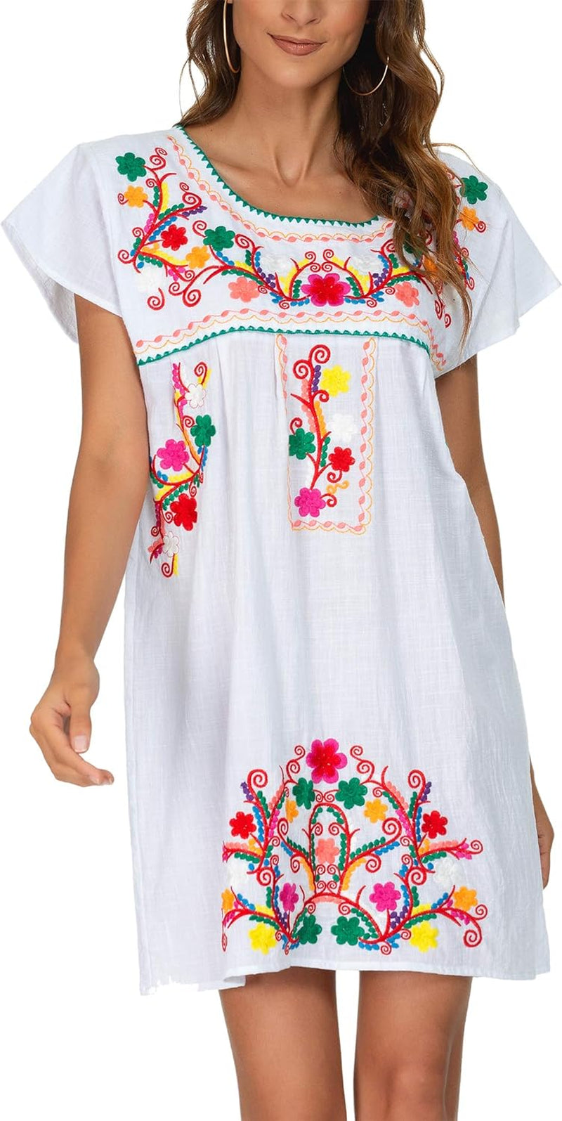 Women Mexican Embroidered Dress Short Sleeve