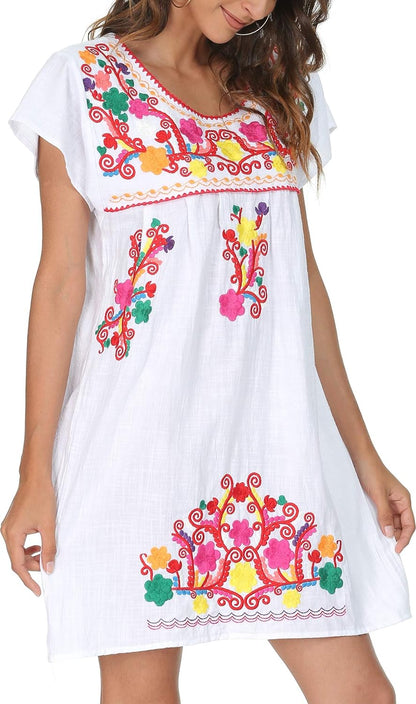 Women Mexican Embroidered Dress Short Sleeve