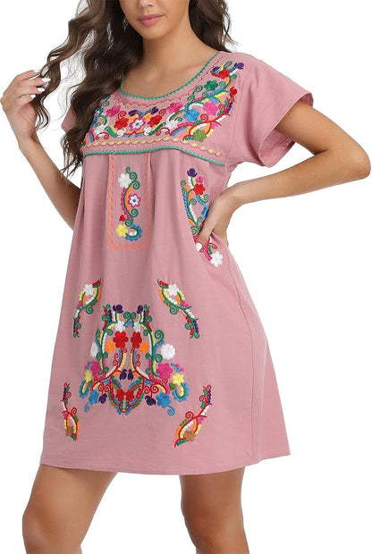 Women Mexican Embroidered Dress Short Sleeve