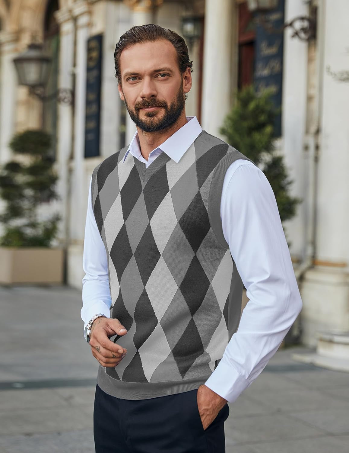 Men'S Sleeveless V Neck Pullover Sweater Slim Fit Casual Argyle Sweater Vest