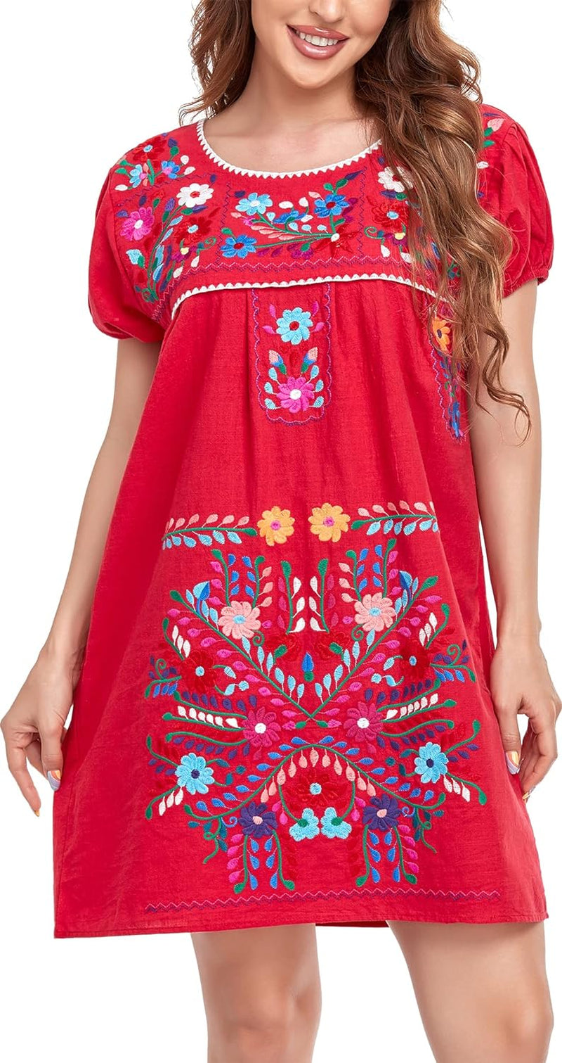 Women Mexican Embroidered Dress Short Sleeve