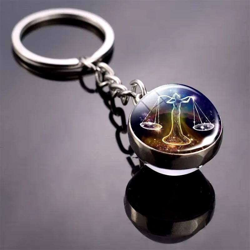 12 Constellation Key Chain Luminous Double Sided Glass Ball Pendant 12 Zodiac Key Chain Fashion Birthday Gift for Men and Women