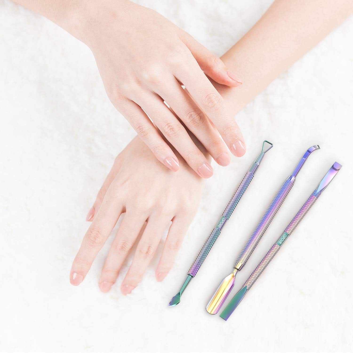 Cuticle Pusher Acetone/Gel/Nail Polish Remover Stainless Steel Professional 3Pcs Set Cuticle Scraper Fingernails & Toenails Clean Manicure Tools Cuticle Care for Women&Girl, CP-3 (Rainbow Color)