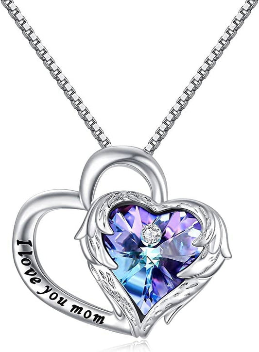 925 Sterling Silver I Love You Mom Heart Necklace with Austrian Crystals Gifts for Women Friends Mom