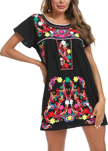 Women Mexican Embroidered Dress Short Sleeve